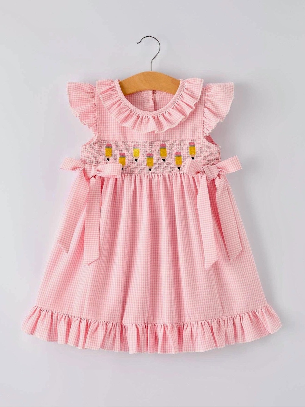 Back to School Girls Pink Gingham Smocked Dress with Ruffle Collar